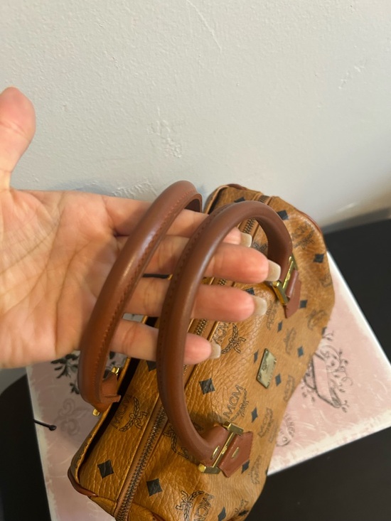 MCM Cognac Visetos Logo Top-Handle Satchel with Brown Trim AUTHENTIC - Picture 4 of 13